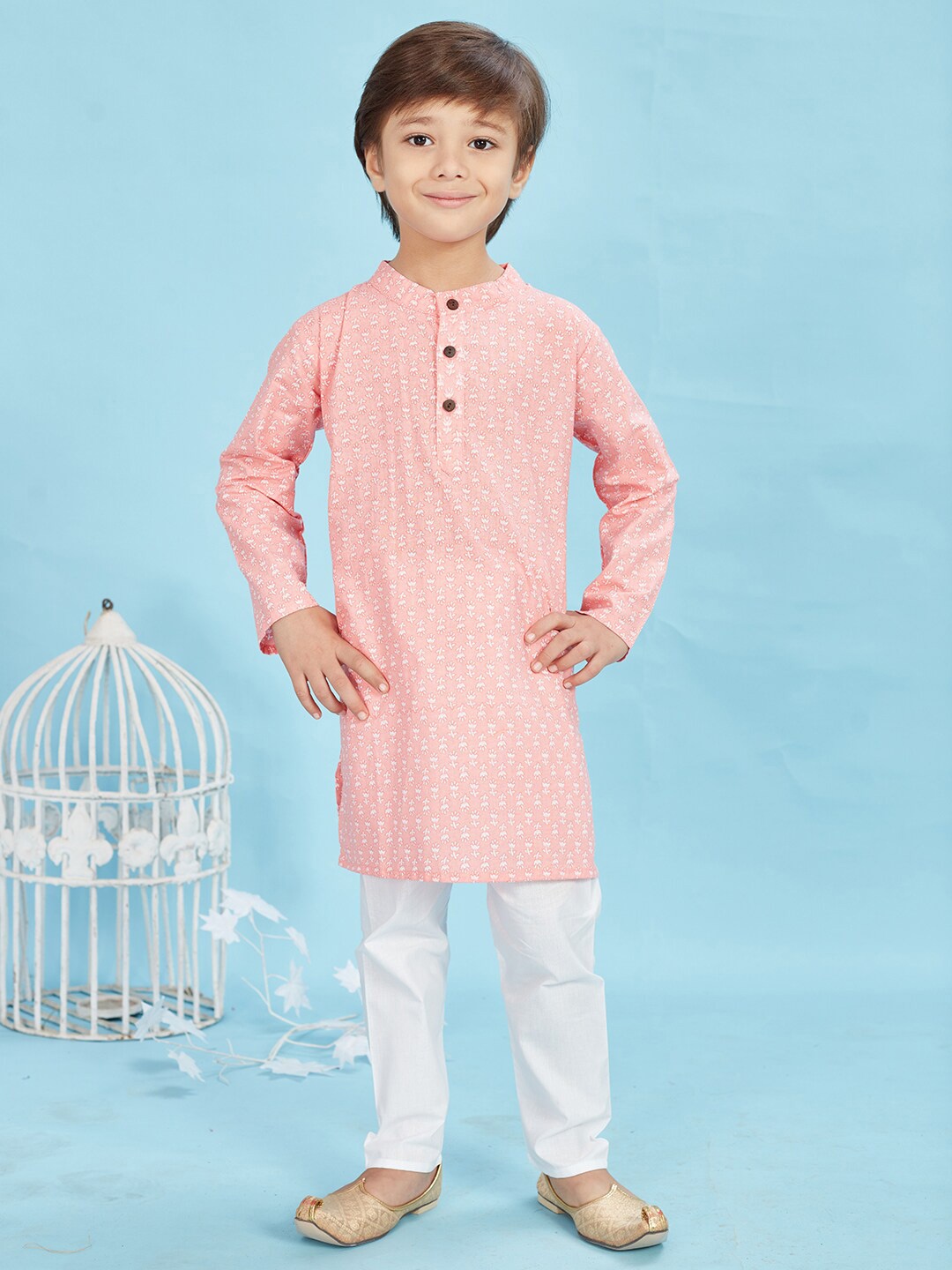 

Maaikid Boys Floral Printed Pure Cotton Straight Kurta With Pyjama, Peach