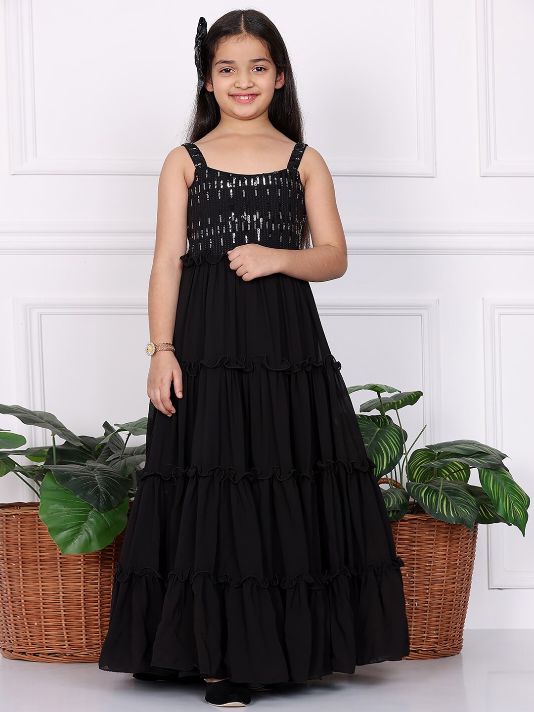 

Ethnovog Girls Sleeveless Flared Georgette Maxi Dress, Black