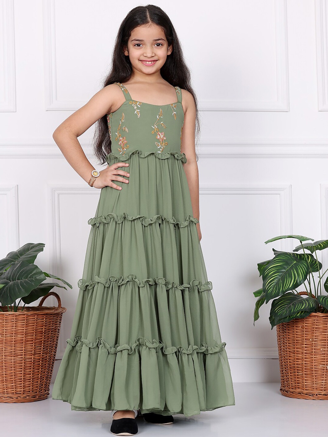 

Ethnovog Girls Floral Embellished Sleeveless Georgette Maxi Dress, Green