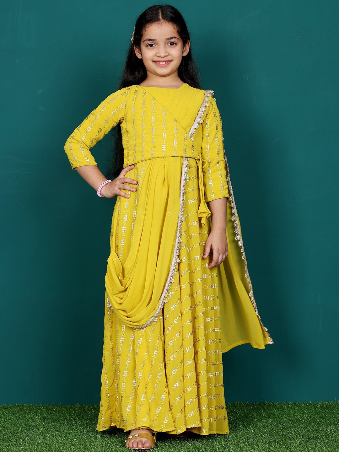 

Ethnovog Girls Embroidered Georgette Gown Dress, Mustard