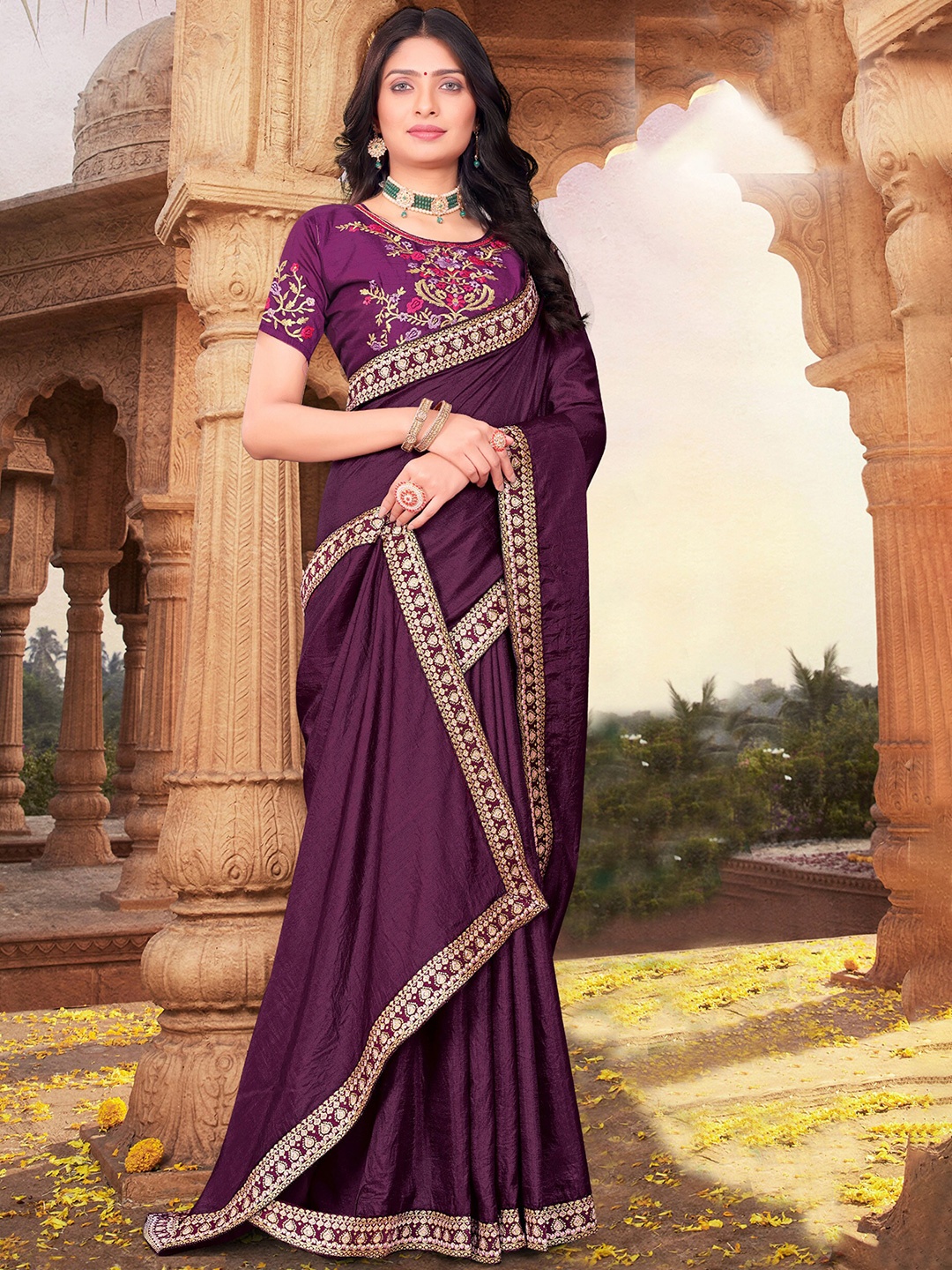 

KALINI Zari Embroidered Saree, Burgundy