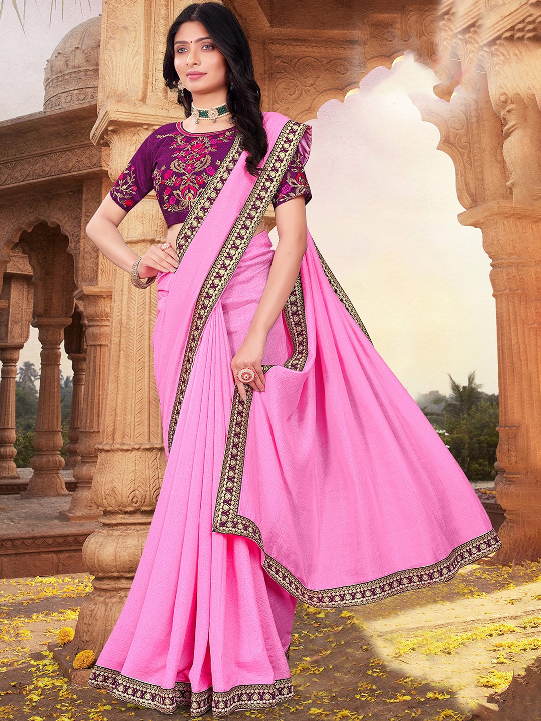 

KALINI Zari Embroidered Saree, Pink