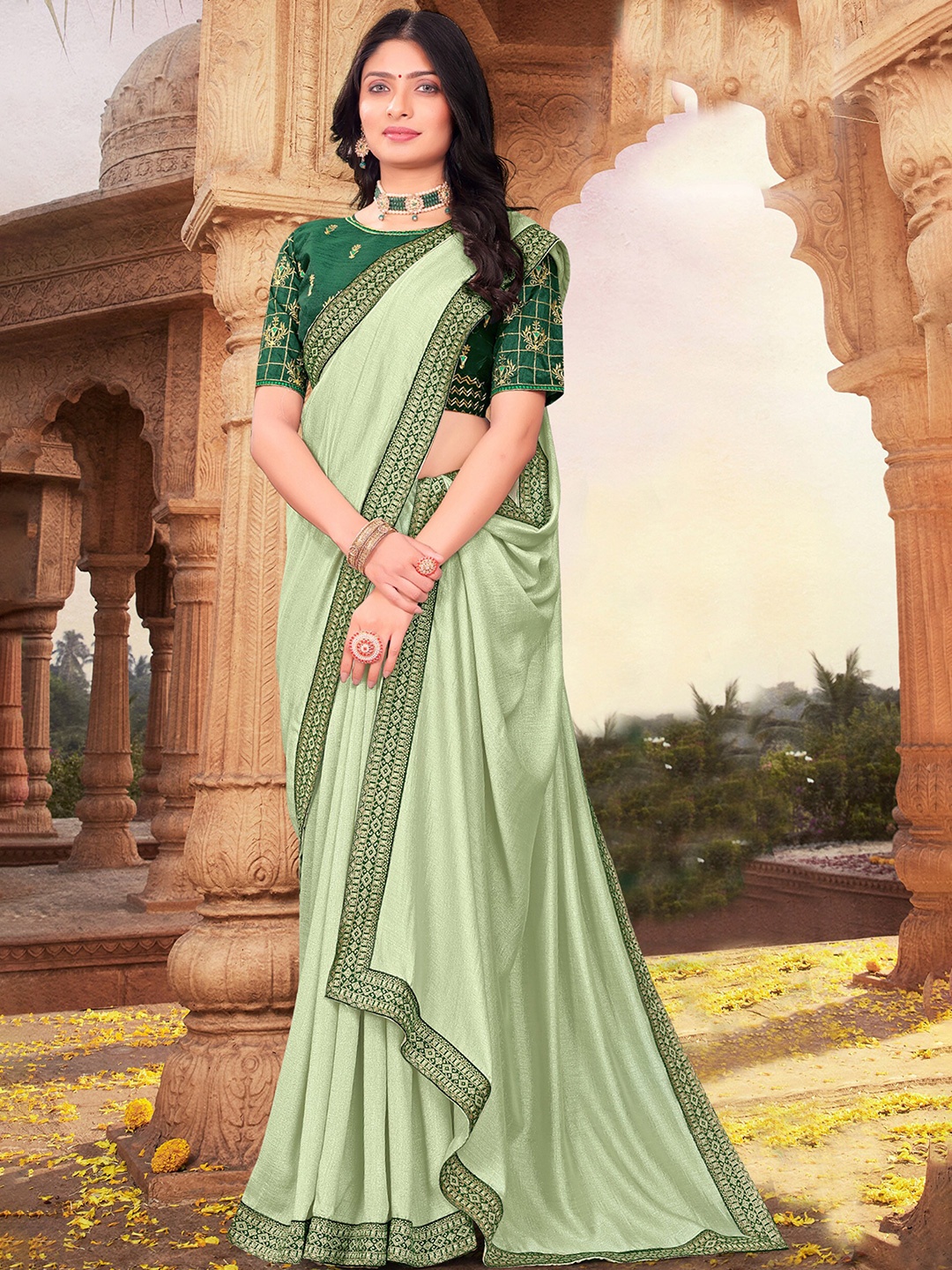 

KALINI Embroidered Zari Saree, Green