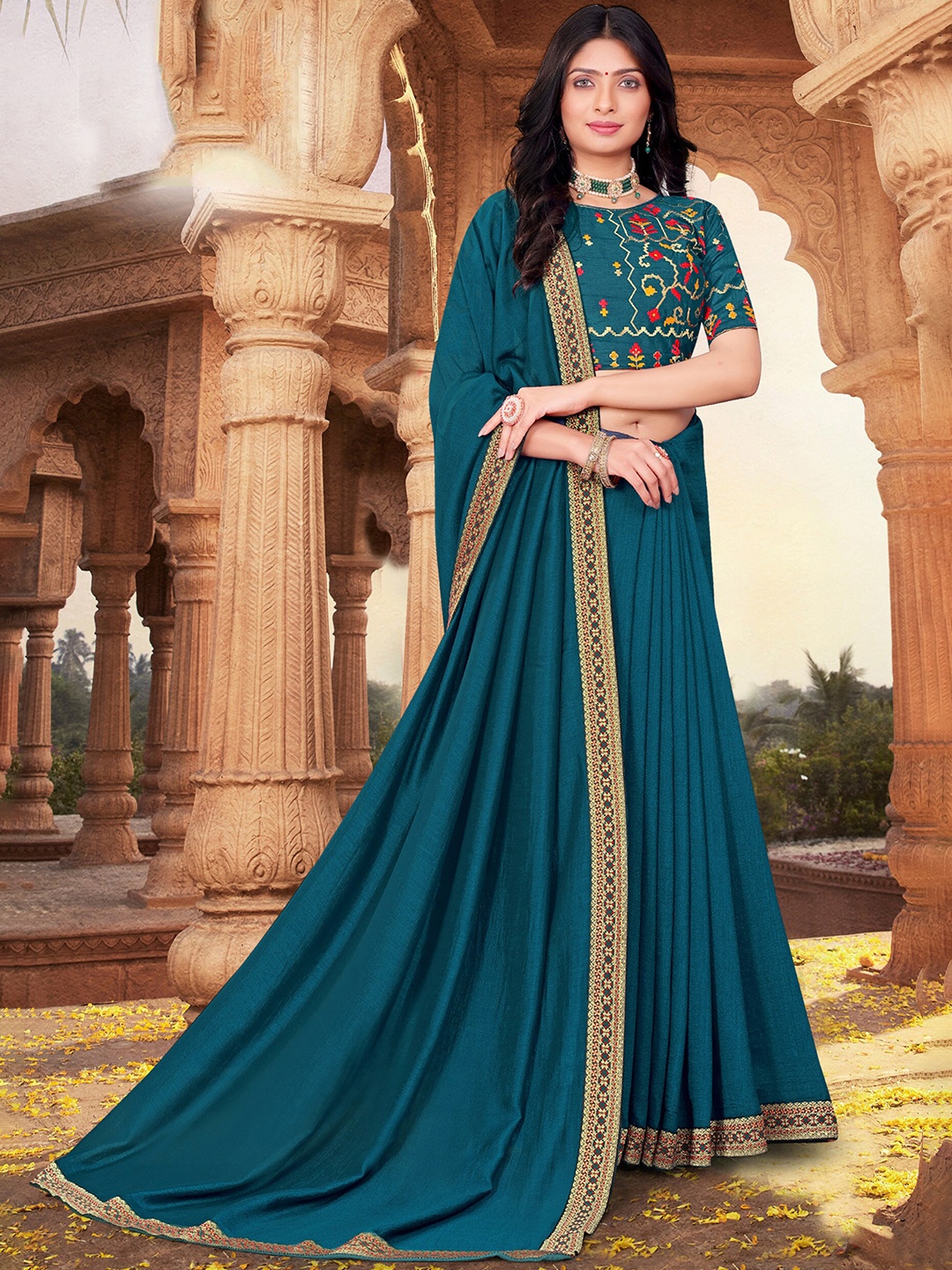 

KALINI Embroidered Zari Saree, Teal