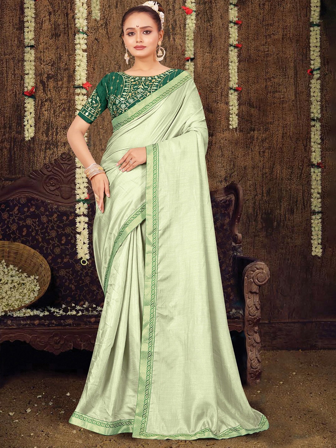 

KALINI Embroidered Zari Saree, Green