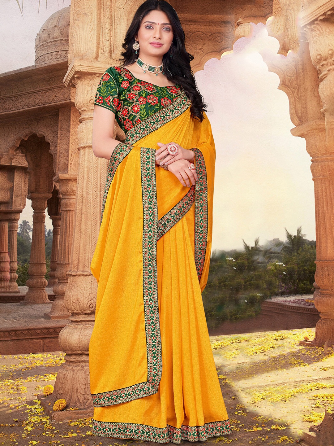 

KALINI Embroidered Zari Saree, Yellow