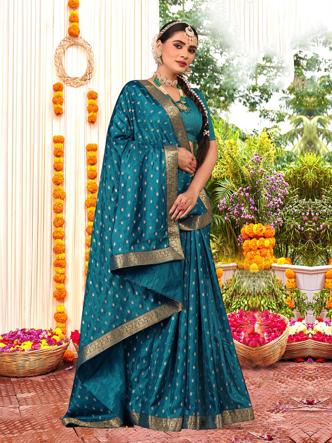 

KALINI Floral Printed Embroidered Zari Saree, Teal