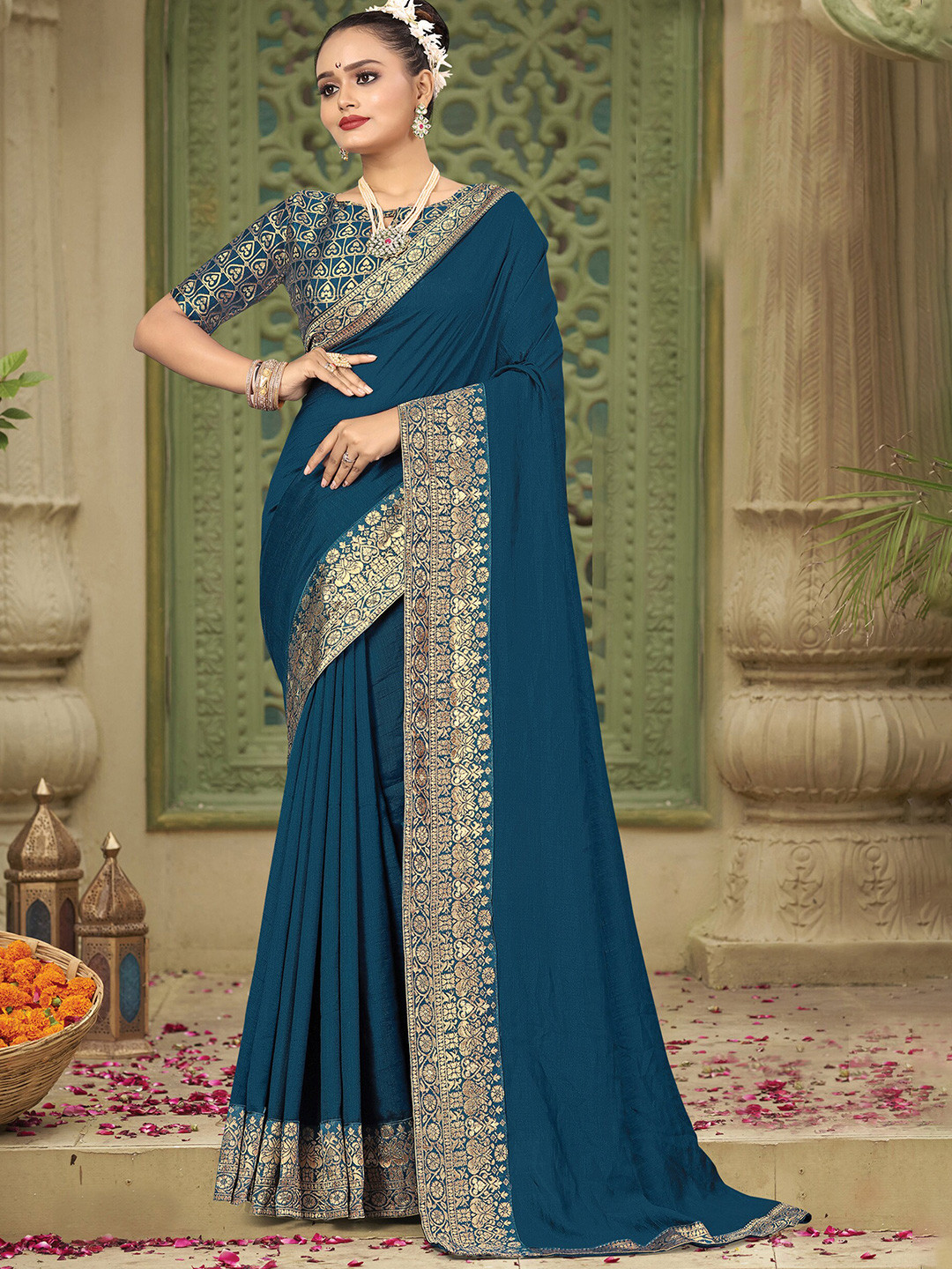 

KALINI Embroidered Zari Kanjeevaram Saree, Teal