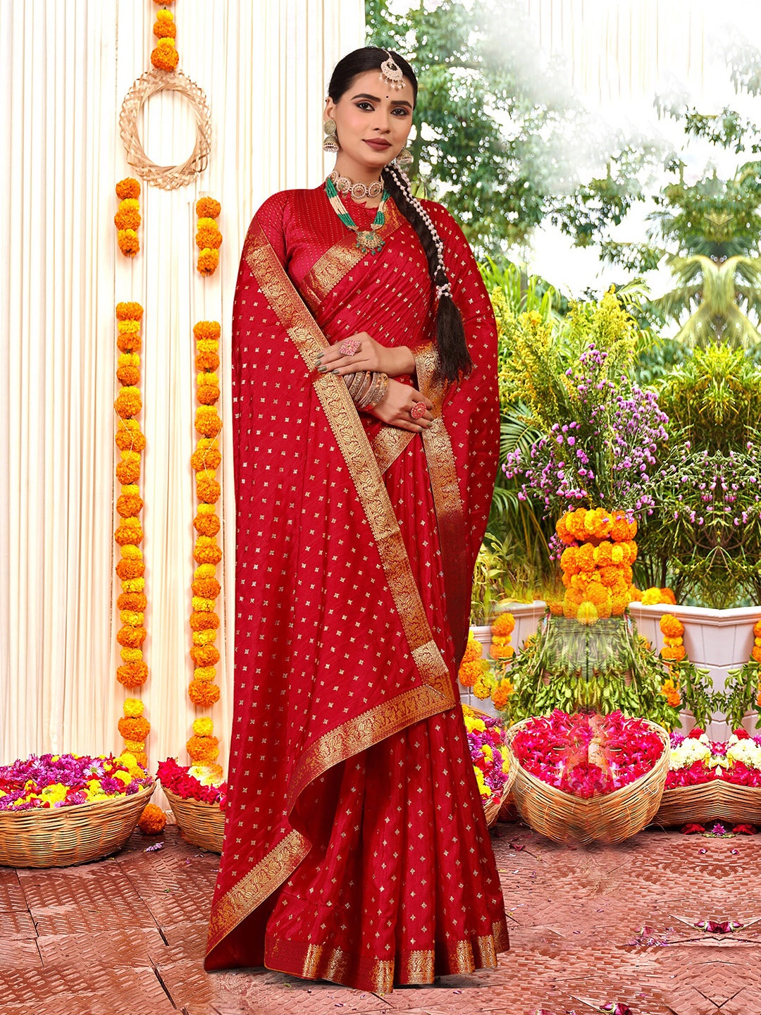 

KALINI Floral Printed Embroidered Zari Saree, Red