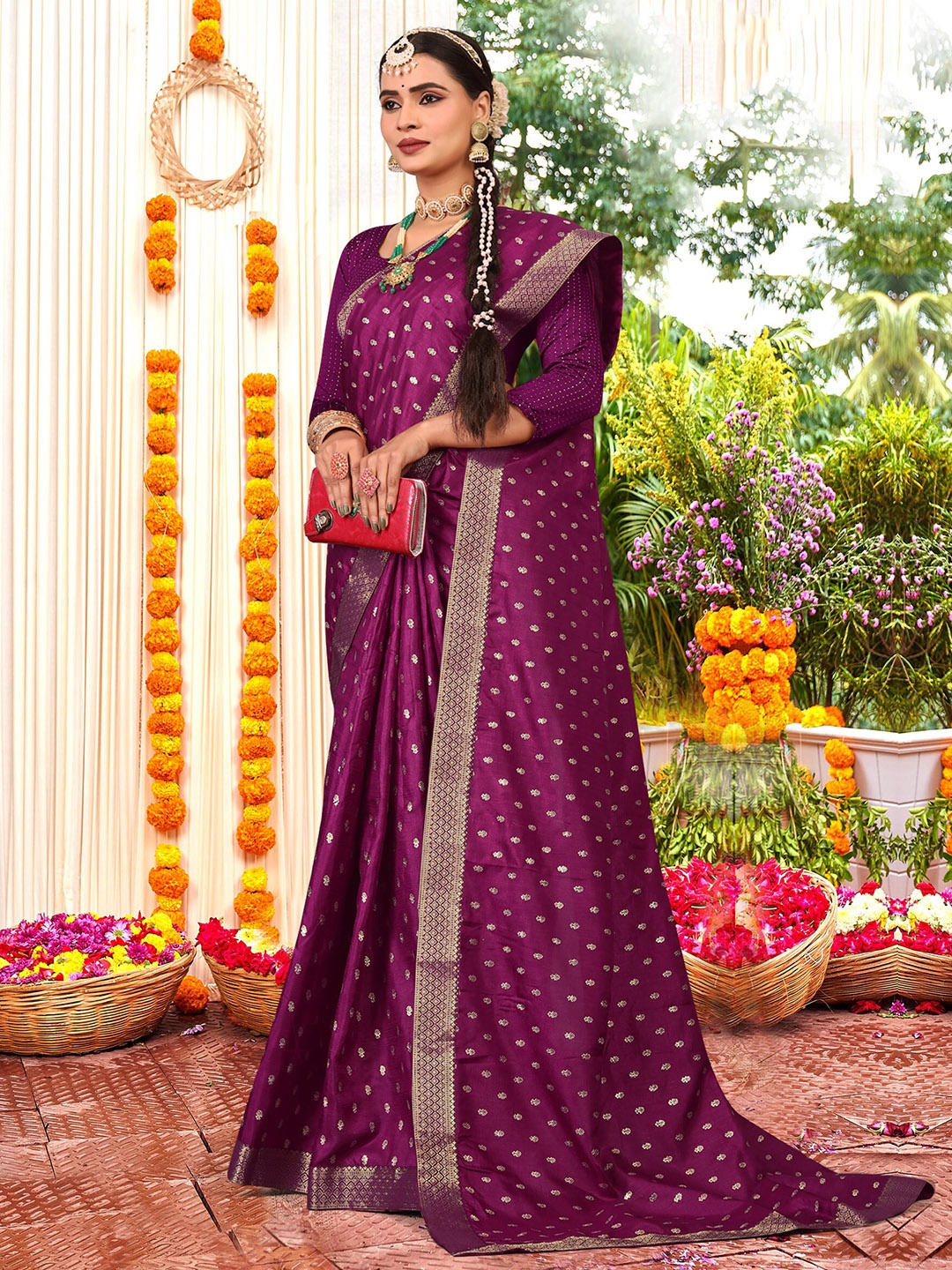 

KALINI Floral Printed Embroidered Zari Saree, Purple