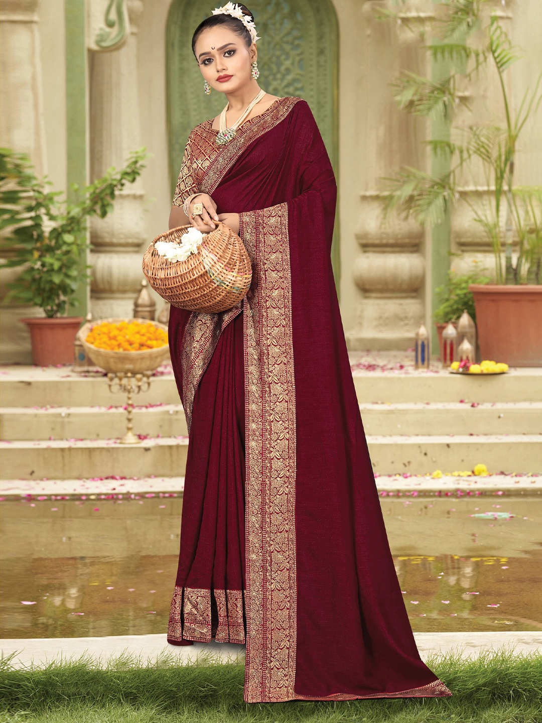 

KALINI Zari Embroidered Kanjeevaram Saree, Maroon