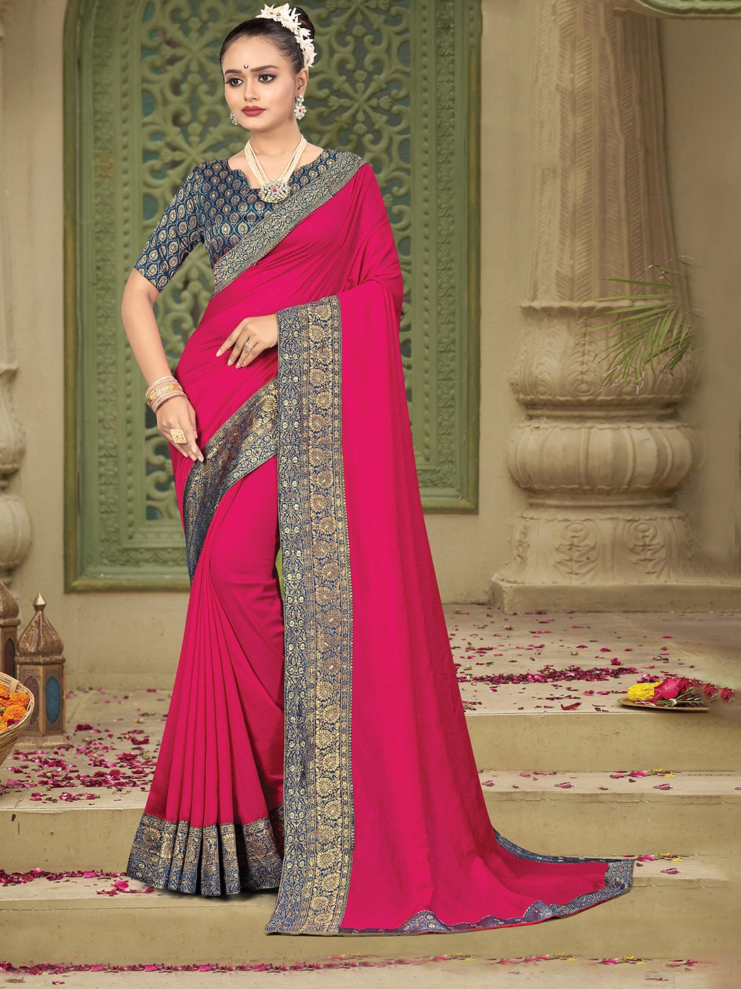 

KALINI Pink & Teal Woven Design Zari Kanjeevaram Saree