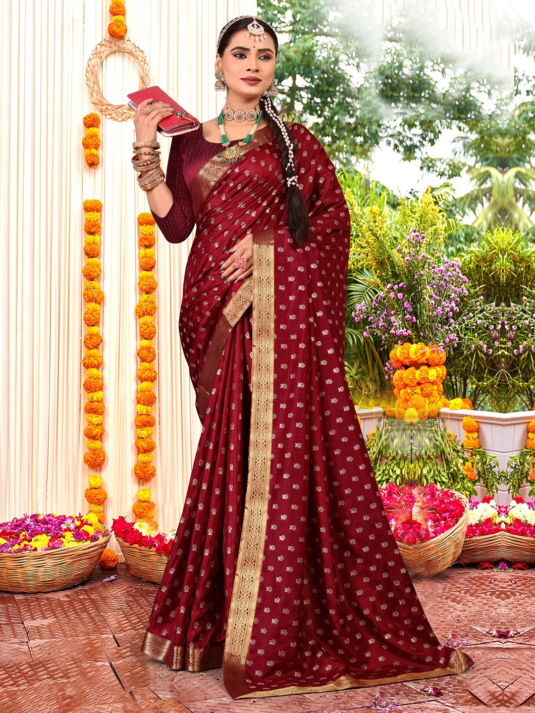 

KALINI Maroon & Maroon Printed Zari Silk Blend Designer Saree