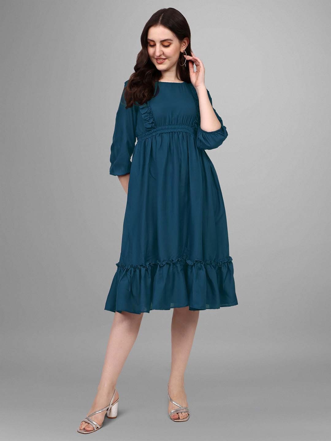 

Femvy Round Neck Three-Quarter Sleeves Puff Sleeves Fit & Flare Cotton Tiered Dress, Blue