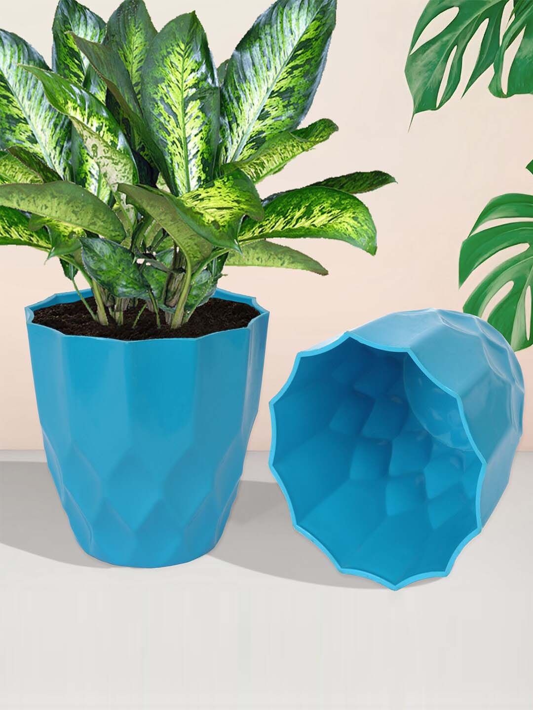 

Kuber Industries 5-Pcs Turquoise-Blue & White Textured Planters