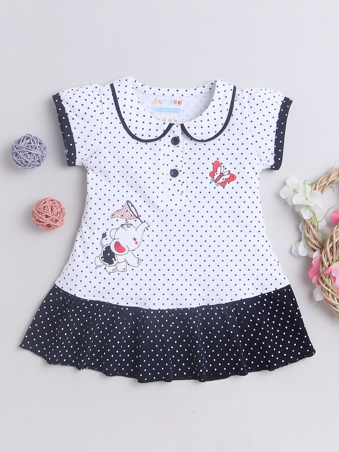 

BUMZEE Girls Polka Dot Print Peter Pan Collar Drop-Waist Cap Sleeves Cotton Frock Dress, White