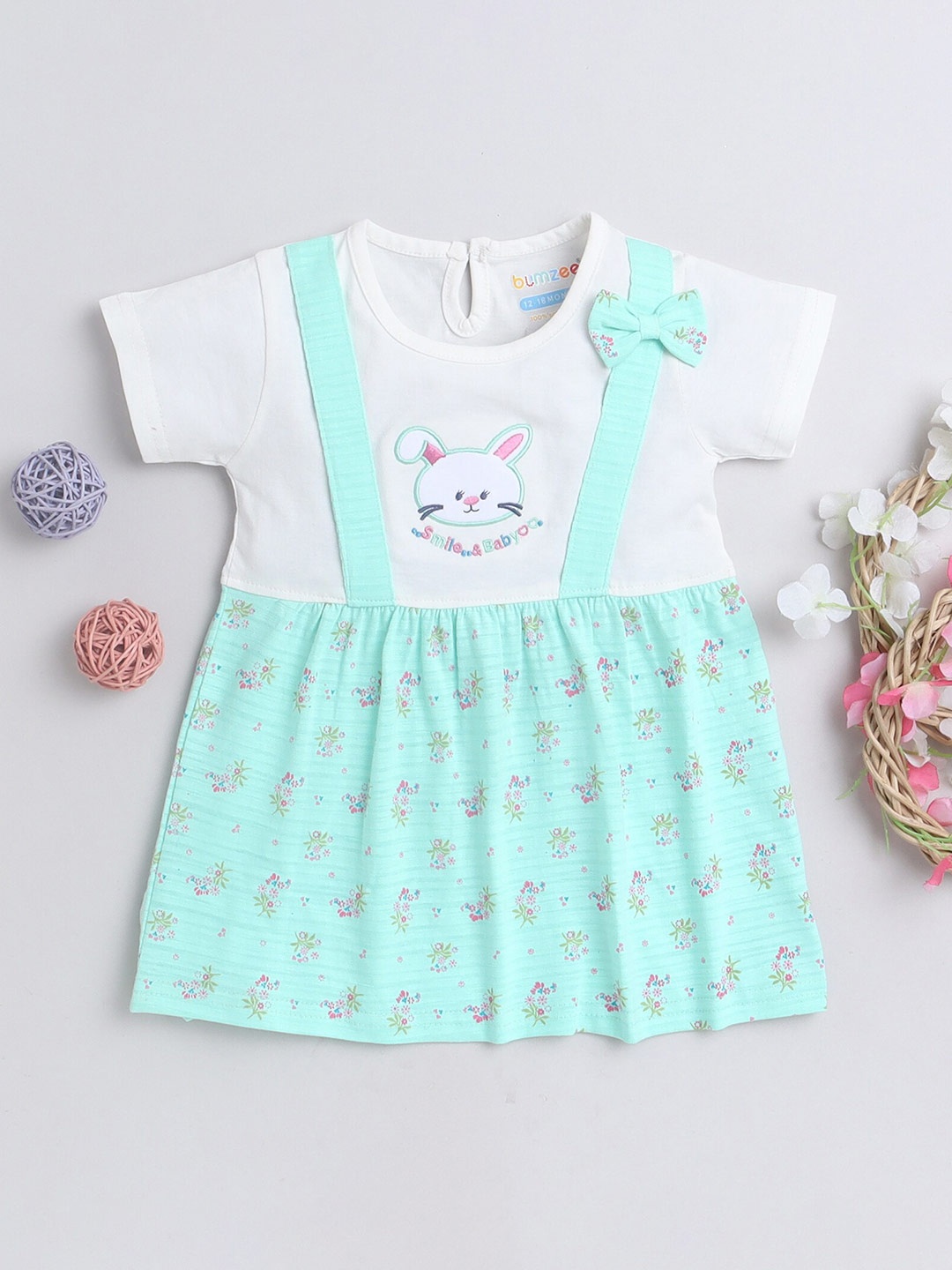 

BUMZEE Girls Floral Print Round Neck Cap Sleeves Pinafore Cotton frock Dress, Green