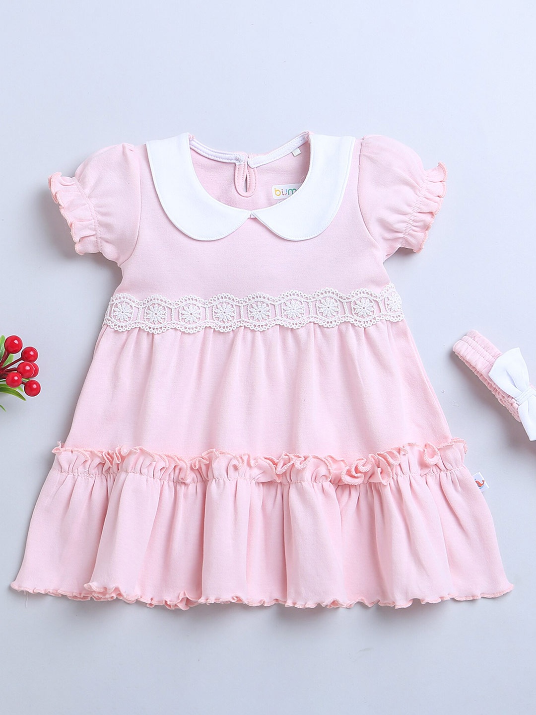 

BUMZEE Girls Peter Pan Collar Half Sleeves Cotton Frock Dress, Pink