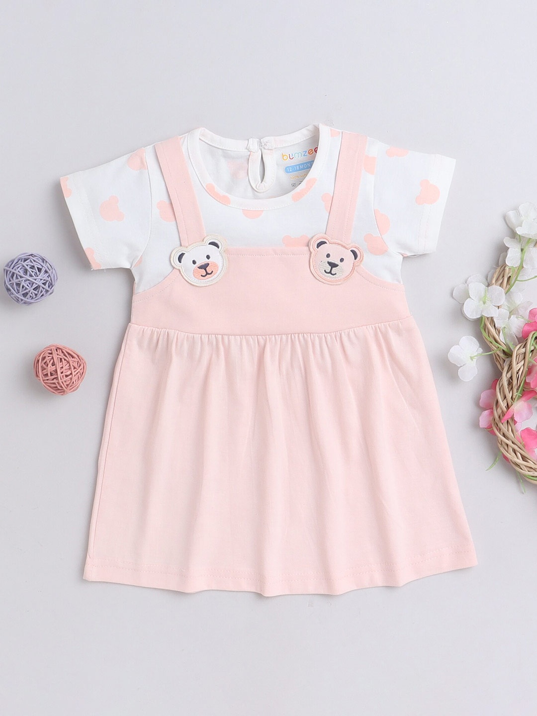 

BUMZEE Girls Printed Short Cao Sleeves Applique Pinafore Cotton Dress, Peach