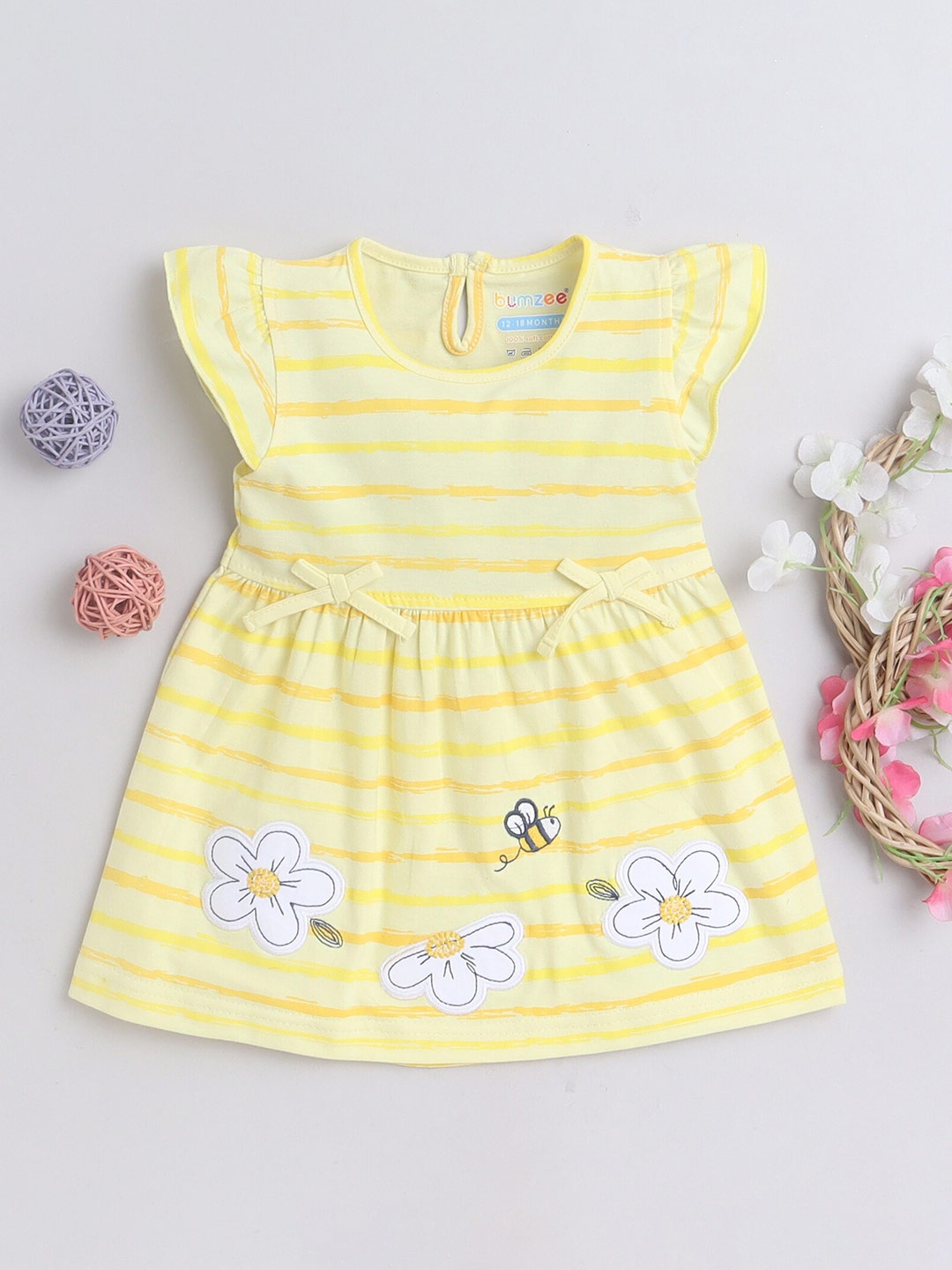 

BUMZEE Girls Striped Print Cap Sleeves Cotton A-Line Dress, Yellow