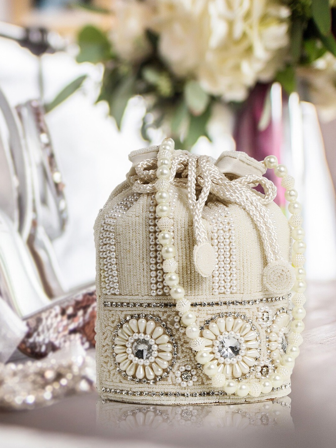 

Exotic Embellished Embroidered Potli, White