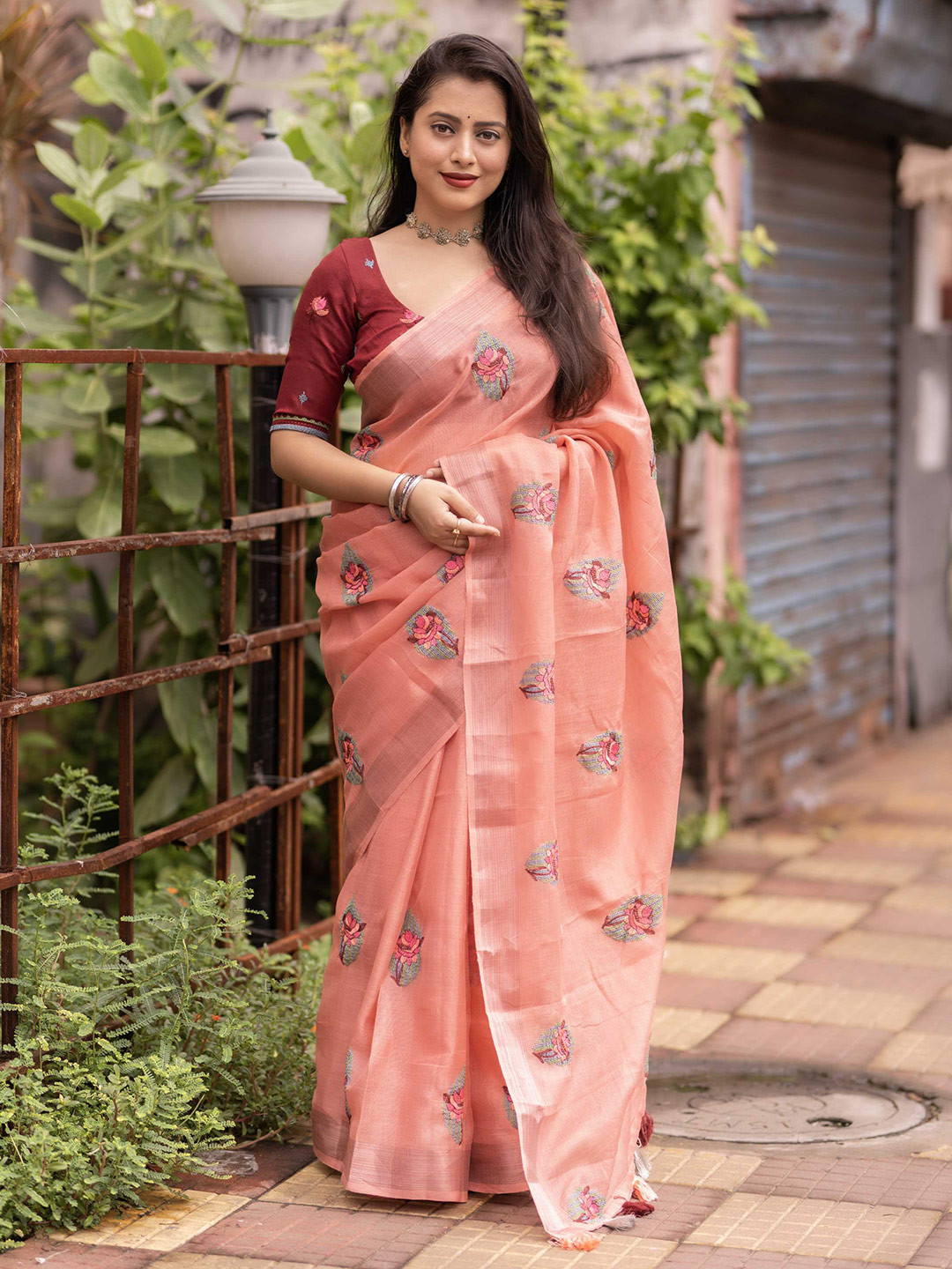 

Mitera Embellished Embroidered Linen Blend Designer Saree, Peach