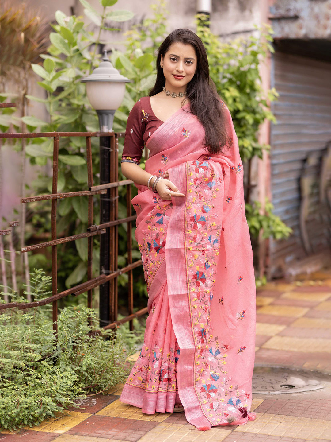 

Mitera Embellished Embroidered Linen Blend Designer Saree, Pink