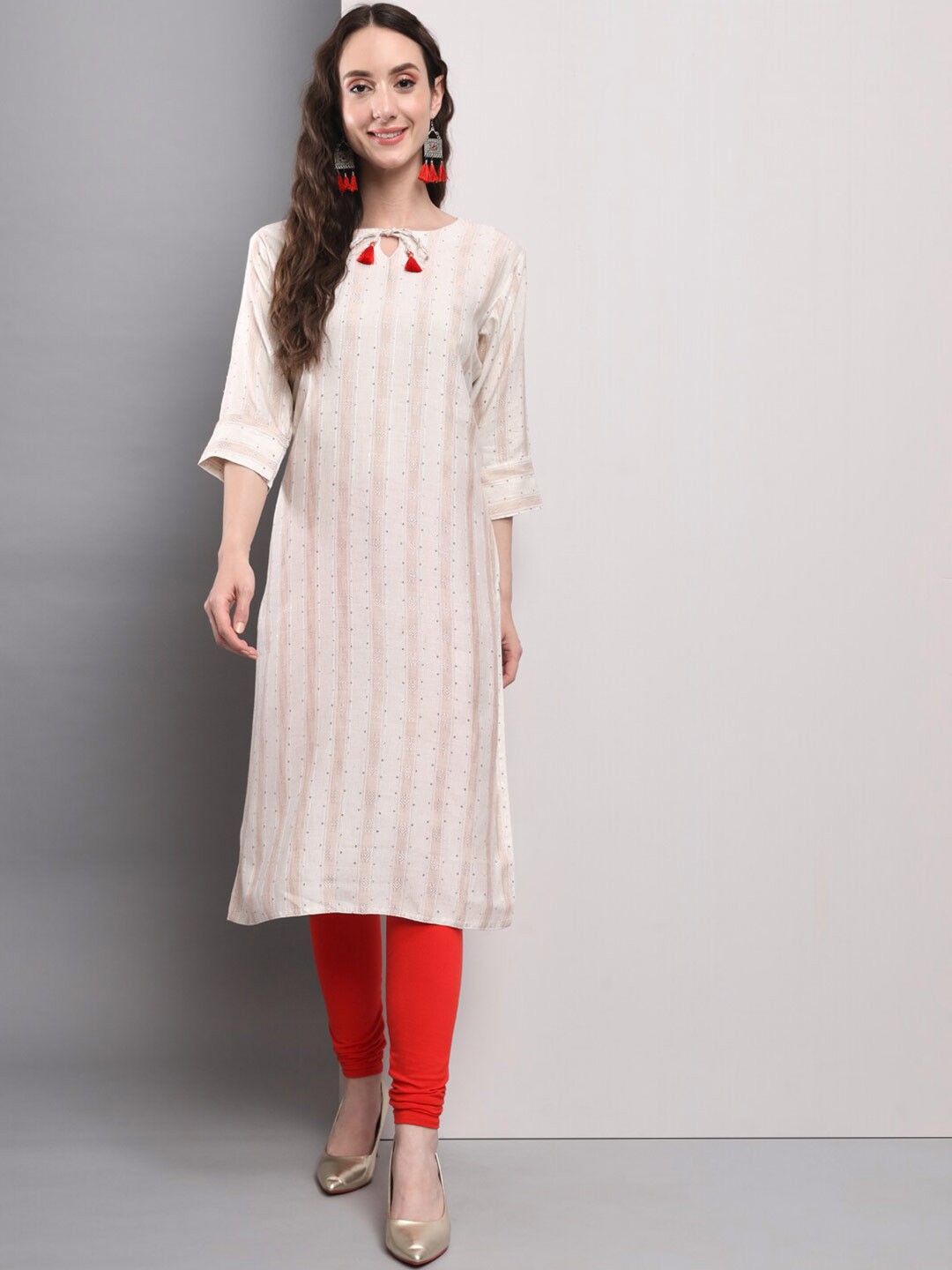 

AMRUTVARSHA CREATION Striped Printed Thread Work Sequins Straight Kurta, White