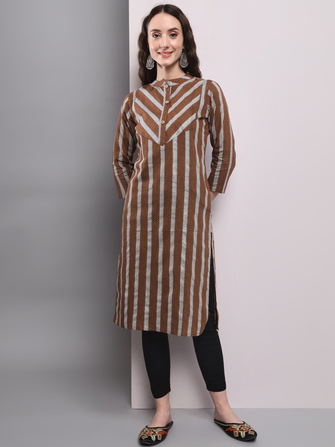AMRUTVARSHA CREATION Striped Straight Kurta, Coffee brown