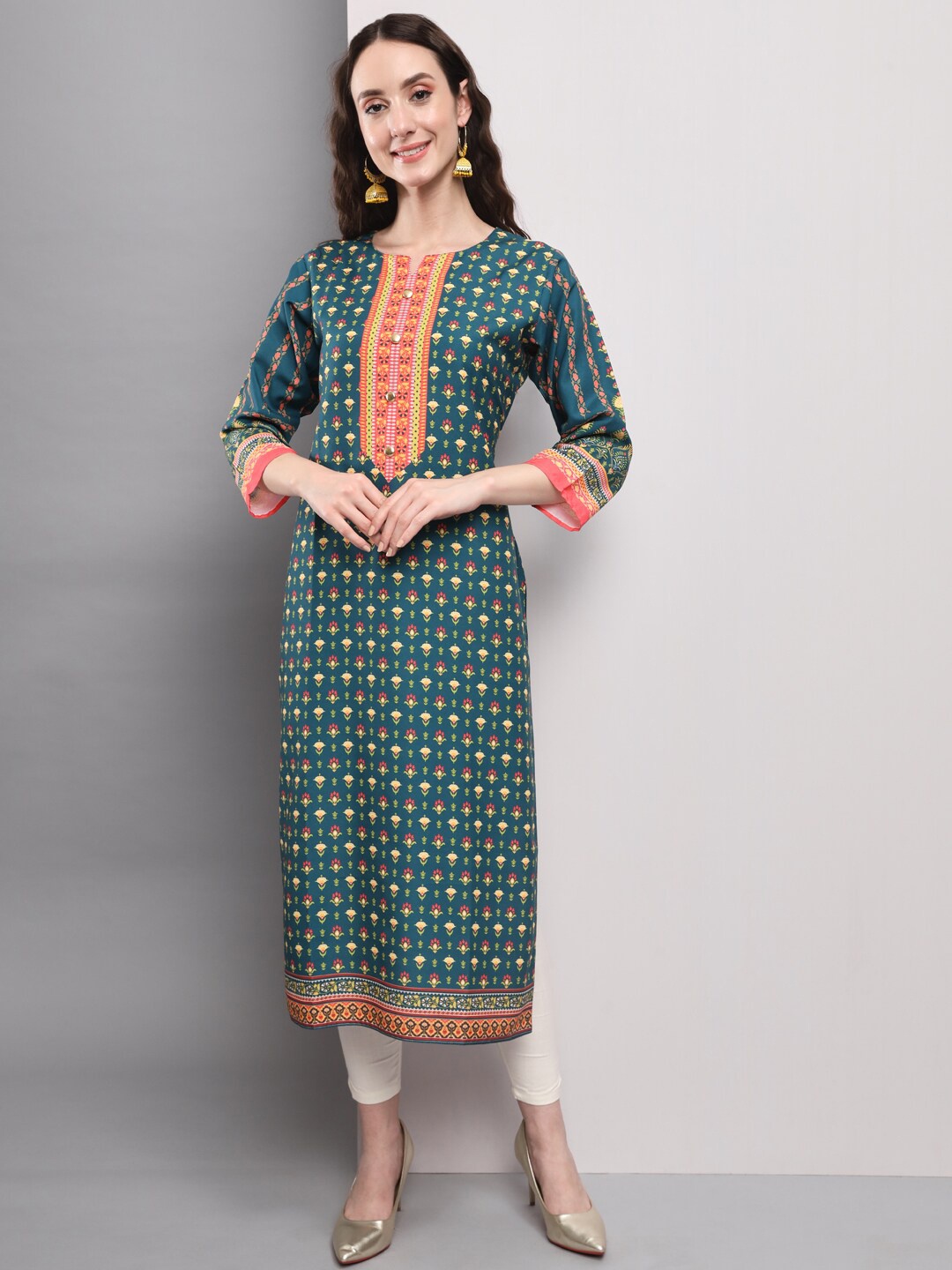 

AMRUTVARSHA CREATION Geometric Printed Thread Work Floral Straight Kurta, Green