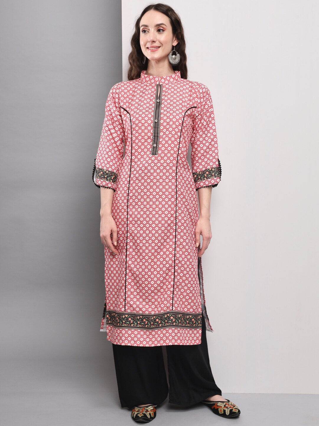 

AMRUTVARSHA CREATION Geometric Printed Mandarin Collar Straight Kurta, Pink