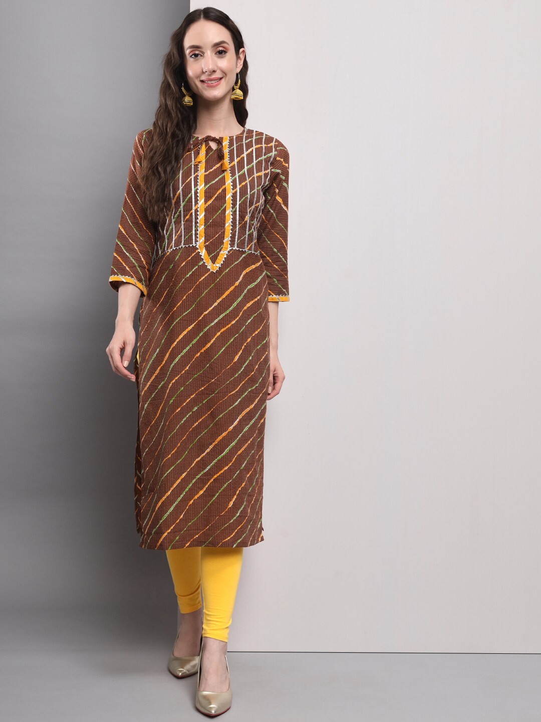 AMRUTVARSHA CREATION Leheriya Printed Thread Work Floral Straight Kurta, Brown