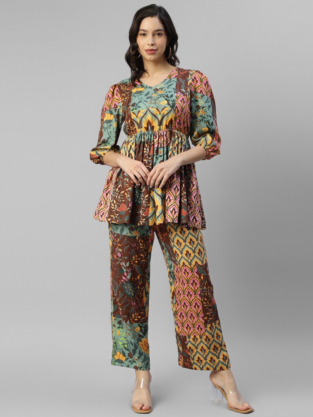 

DEEBACO Ethnic Printed Peplum Top With Trousers, Brown