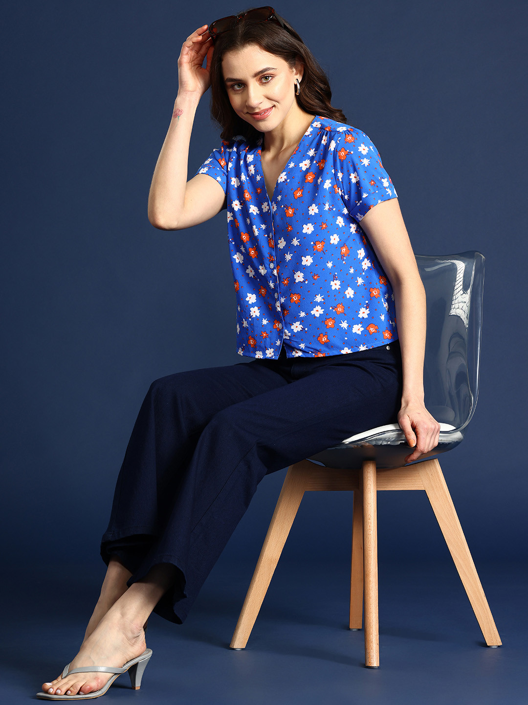 

Mast & Harbour Floral Print Shirt Style Top, Blue
