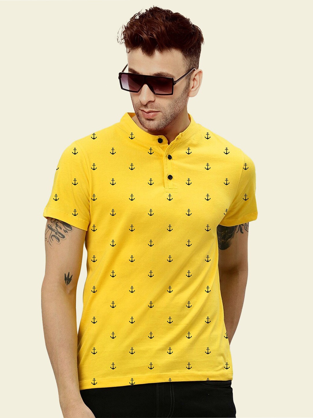 

BAESD Abstract Printed Mandarin Collar Cotton T-shirt, Yellow