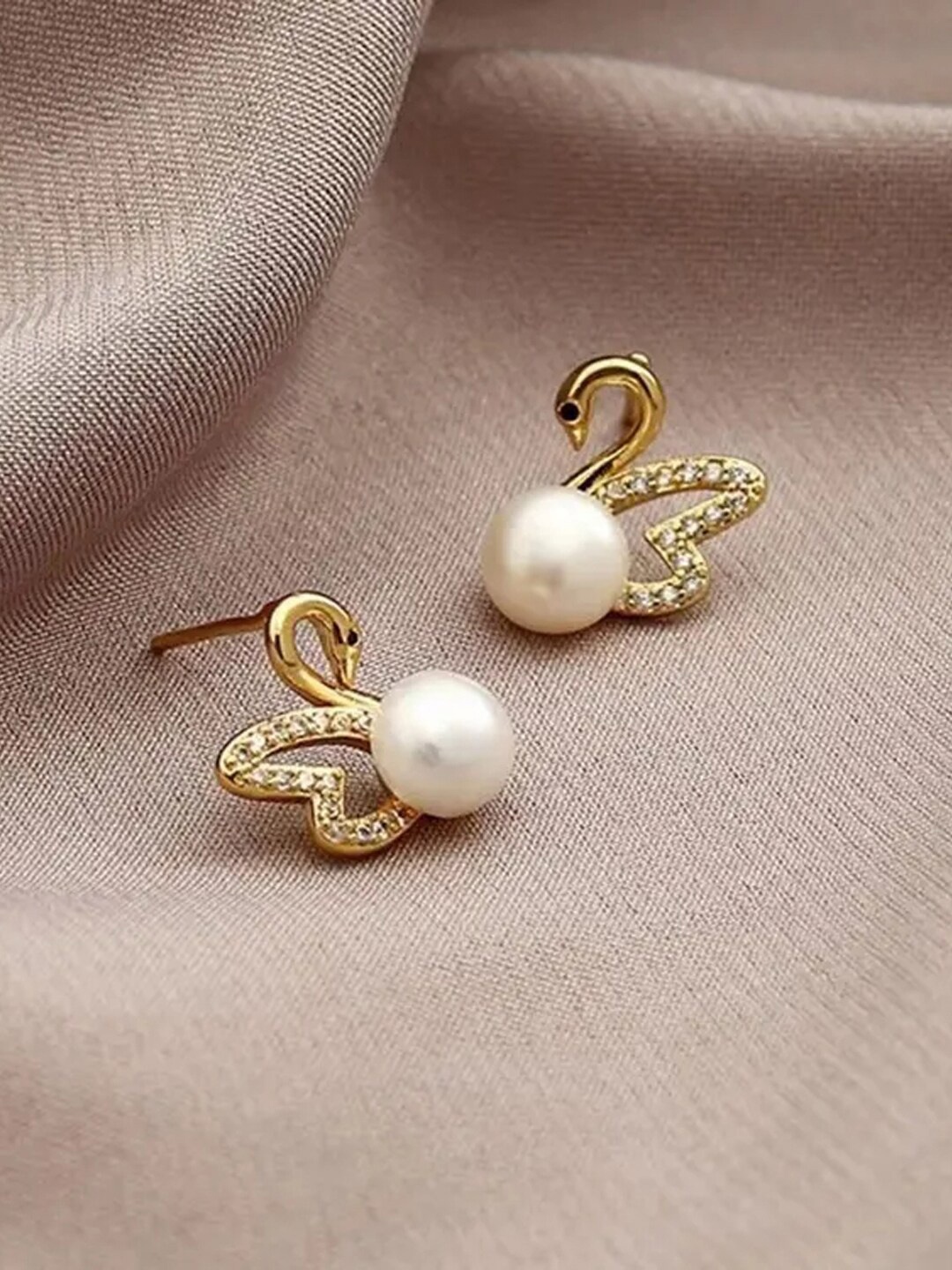 

Krelin Gold-Plated Pearl Swan Shaped Studs Earrings