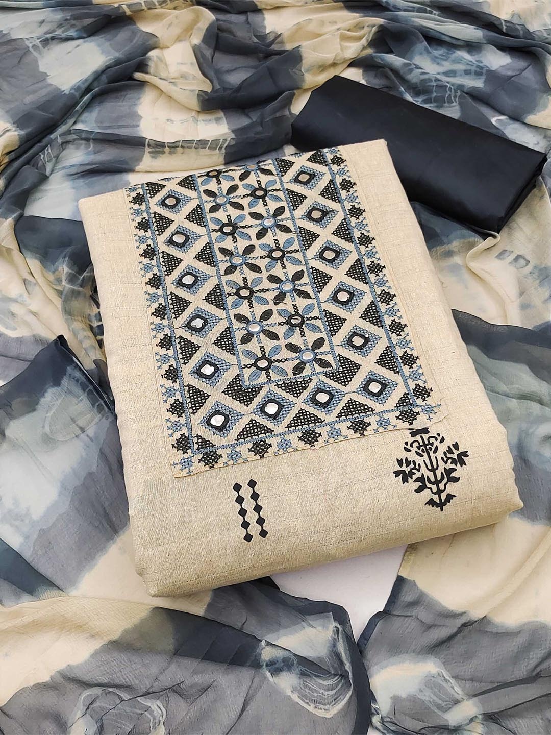 

KALINI Ethnic Motifs Printed Unstitched Dress Material, Black