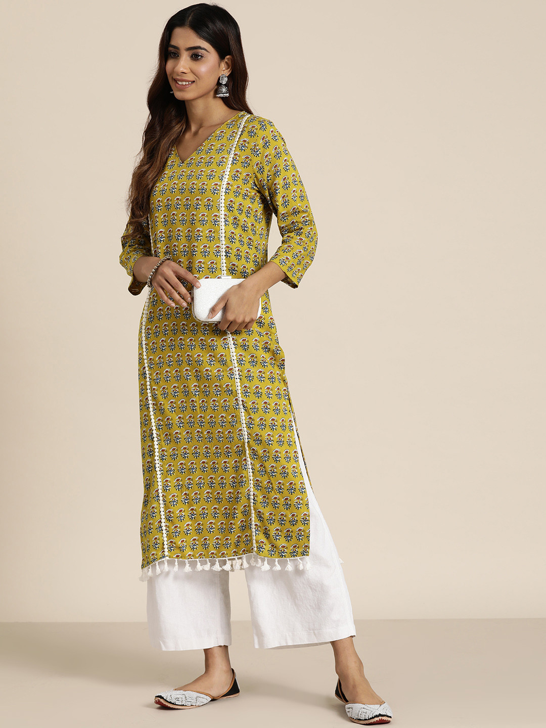 

HERE&NOW Women Ethnic Motifs Printed Thread Work Kurta, Mustard