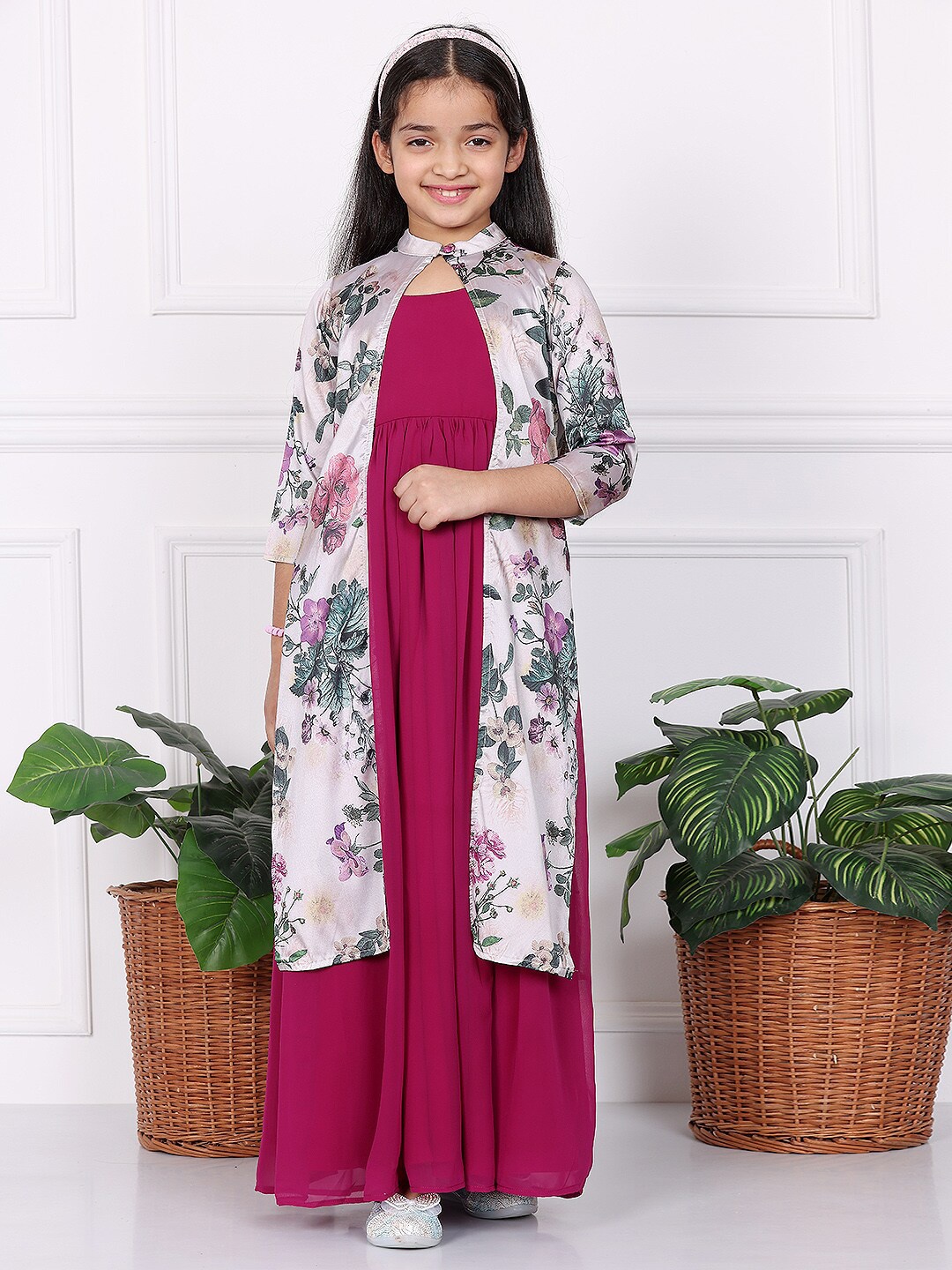 

Ethnovog Girls Georgette Maxi Gown Dress With Jacket, Magenta