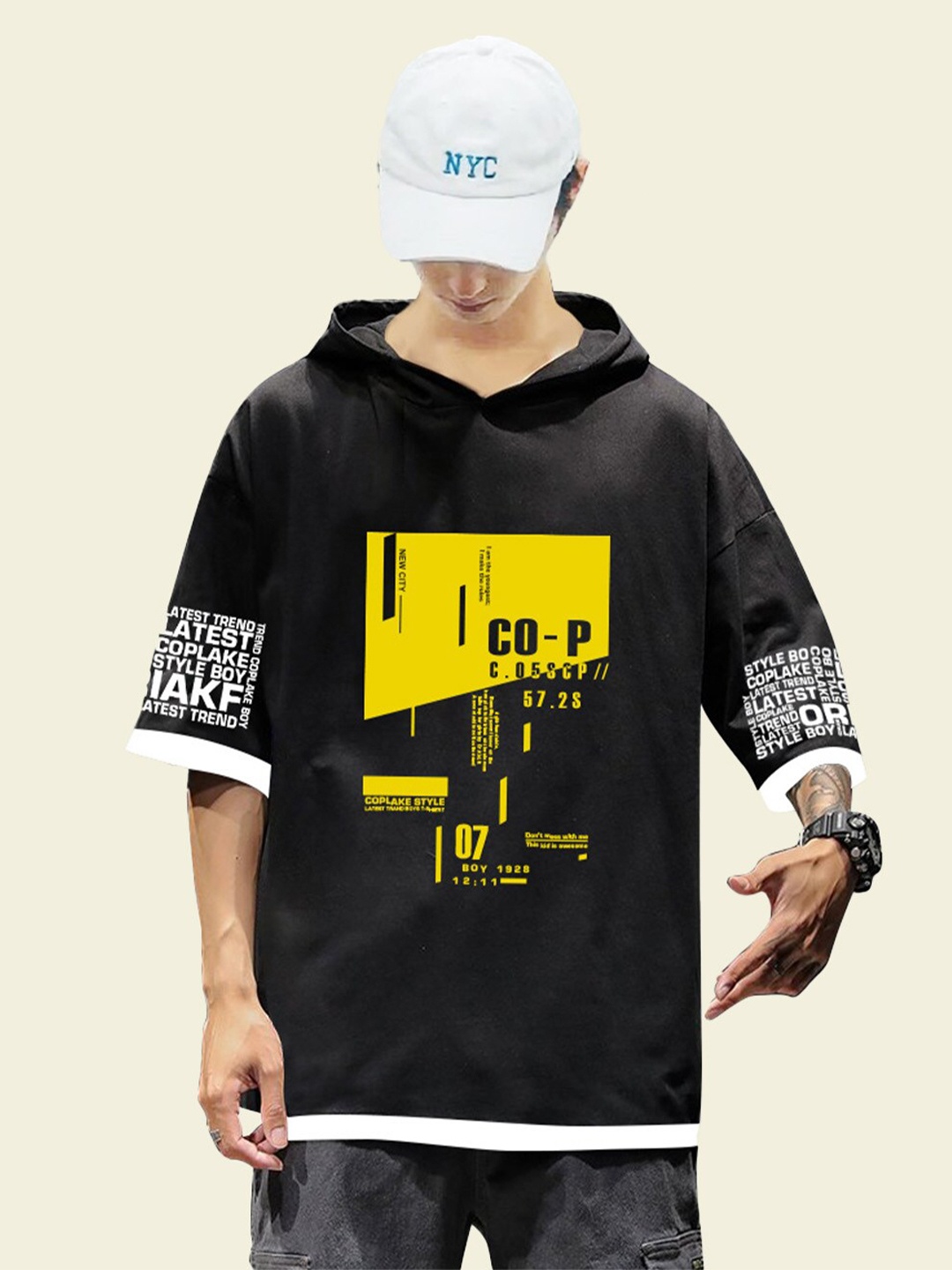 

BAESD Typography Printed Hooded Cotton T-shirt, Black
