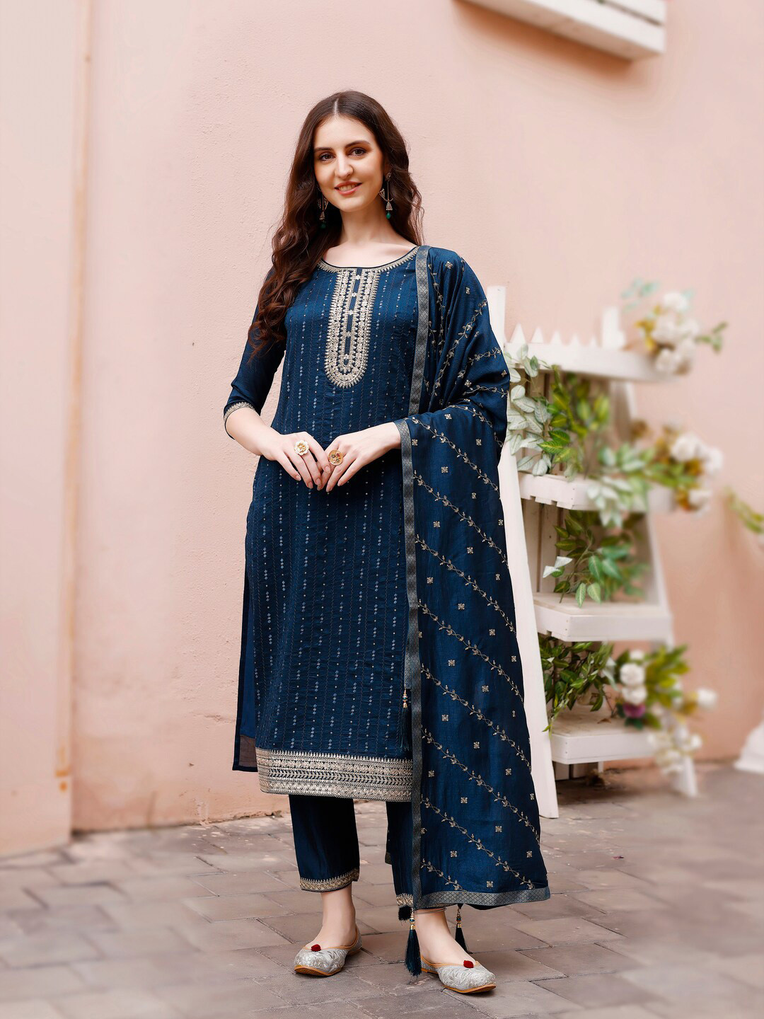 

KALINI Embroidered Round Neck Straight Kurta & Trousers With Dupatta, Navy blue