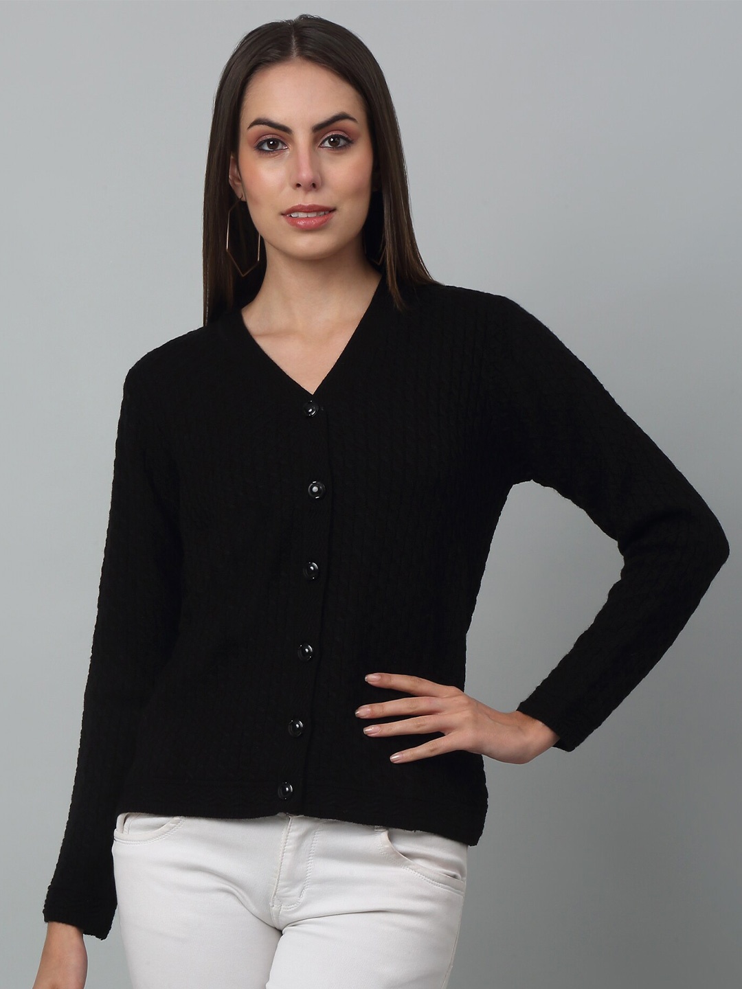 

Cantabil Cable Knit Self Design Acrylic Cardigan Sweater, Black