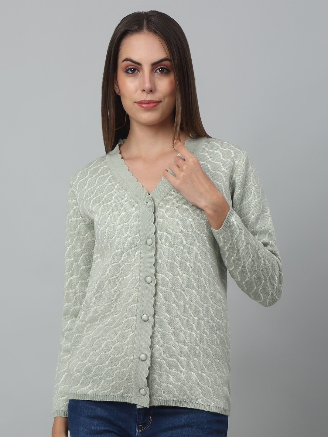 

Cantabil Geometric Printed Acrylic Cardigan Sweater, Green