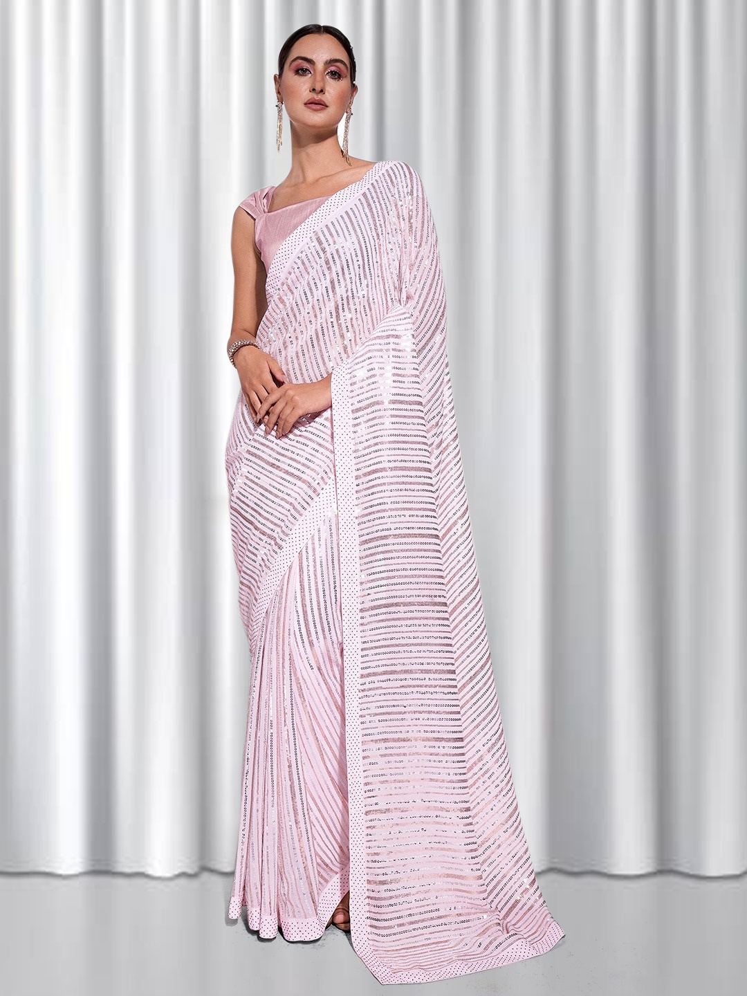 

Globon Impex Striped Embellished Sequinned Pure Georgette Saree, Pink