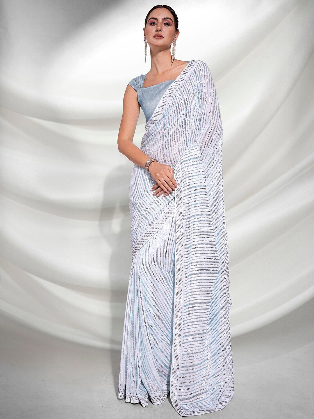

Globon Impex Striped Embellished Sequinned Pure Georgette Saree, Blue
