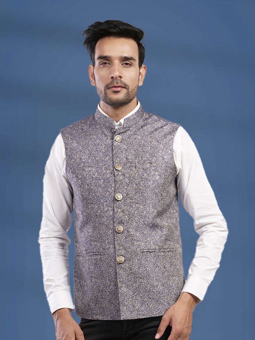 

Lightpole Ethnic Motifs Printed Nehru Jacket, Blue