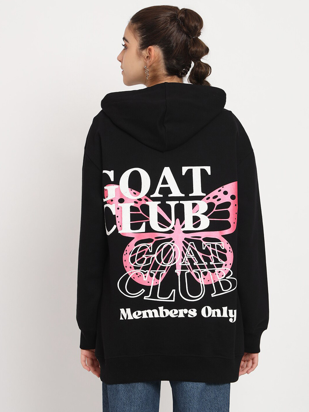 

VividArtsy Typography Printed Hooded Pure Cotton Oversized Pullover Sweatshirt, Black