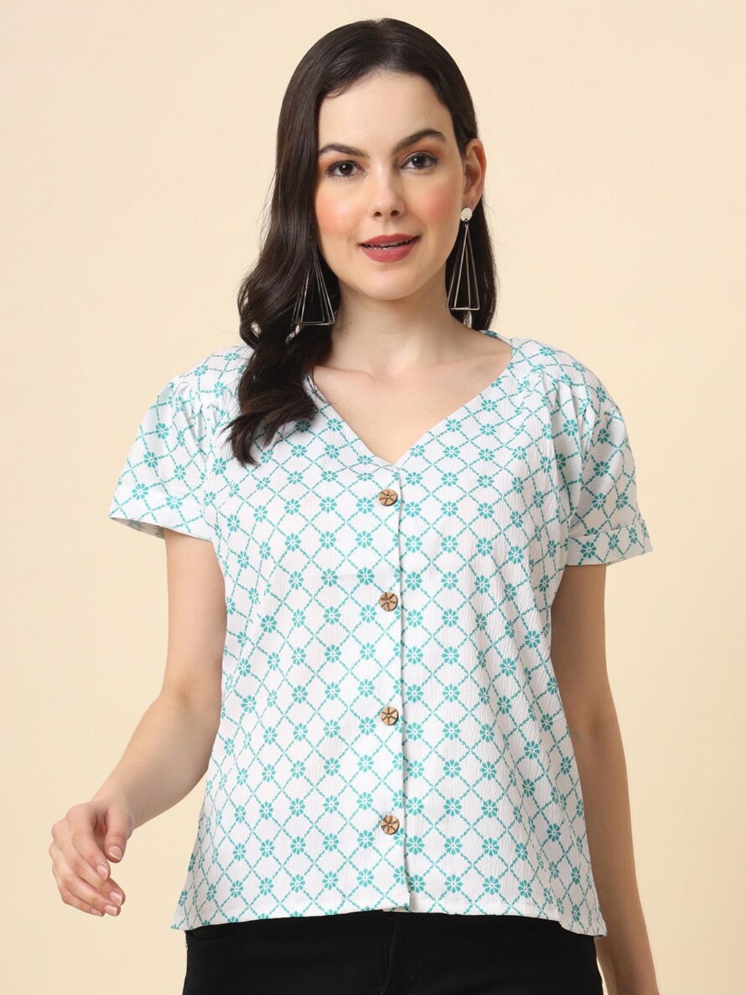 

HERE&NOW Straight Geometric Printed Collarless Regular Fit Opaque Casual Shirt, White