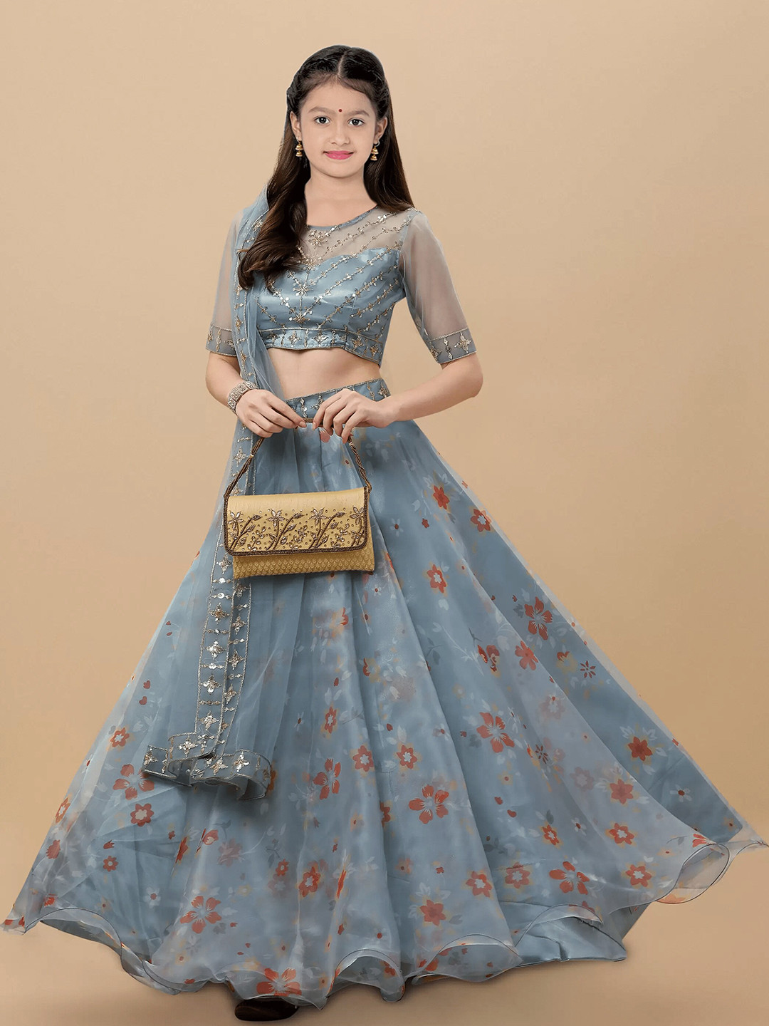 

BAESD Girls Printed Organza Semi Stitched Lehenga & Unstitched Blouse With Dupatta, Grey