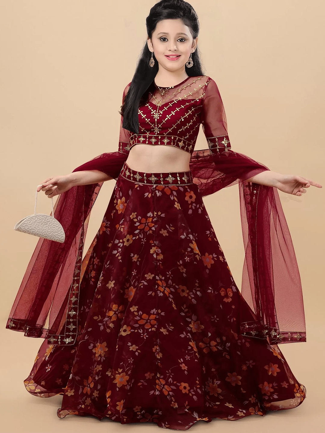 

BAESD Girls Embroidered Organza Semi Stitched Lehenga & Unstitched Blouse With Dupatta, Maroon